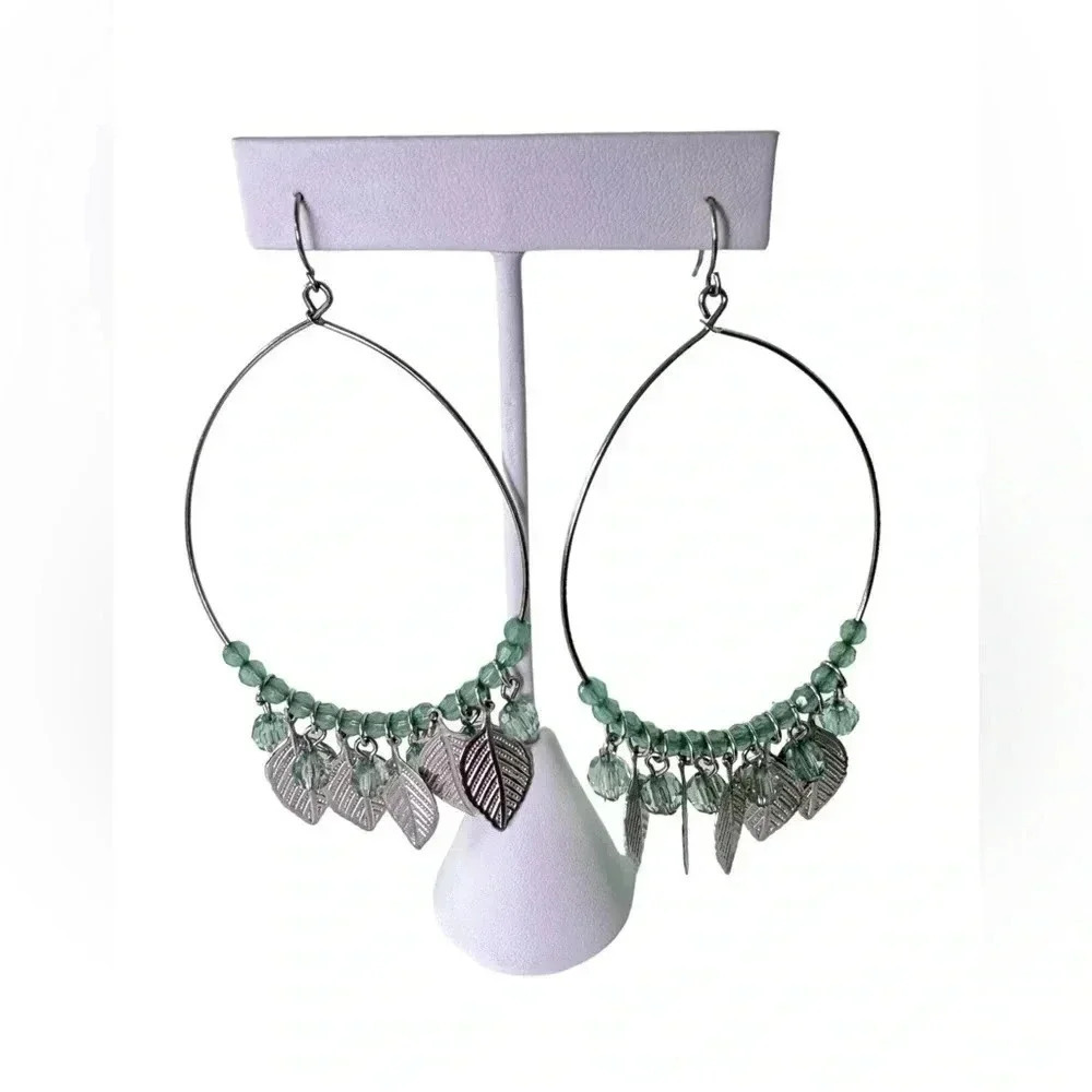 3” Handmade Pastel Green Beads With Silver Leaves Hoop - Light Green Boho Plants - Picture 3 of 5